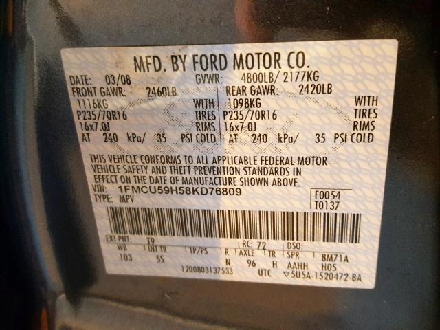 1FMCU59H58KD76809 - 2008 FORD ESCAPE HEV BLACK photo 10