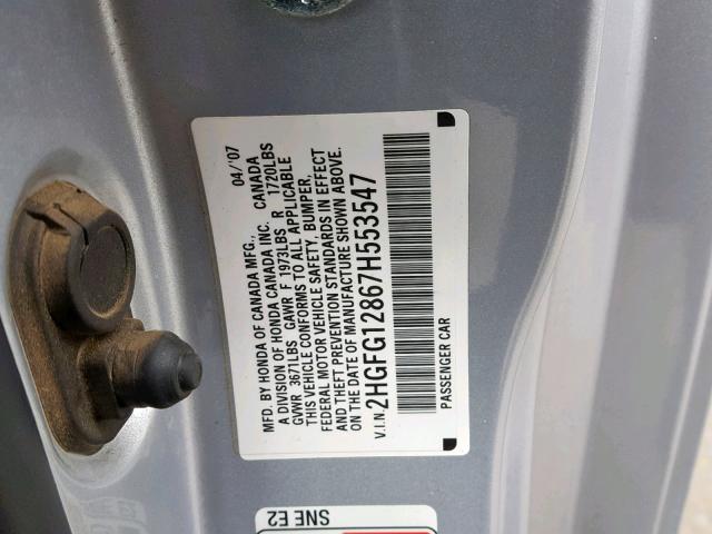 2HGFG12867H553547 - 2007 HONDA CIVIC EX SILVER photo 10