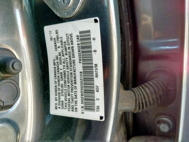 2HGFB2F95CH521318 - 2012 HONDA CIVIC EXL GRAY photo 10