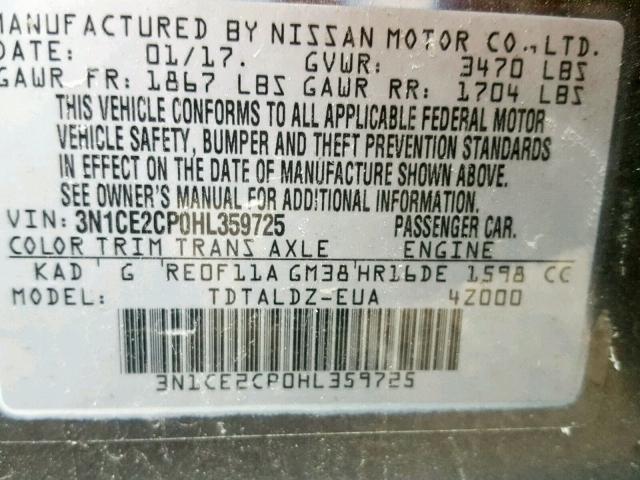 3N1CE2CP0HL359725 - 2017 NISSAN VERSA NOTE GRAY photo 10