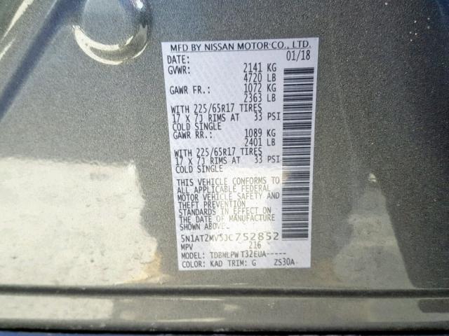 5N1AT2MV5JC752852 - 2018 NISSAN ROGUE SV GRAY photo 10