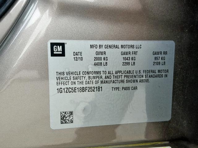 1G1ZC5E18BF252181 - 2011 CHEVROLET MALIBU 1LT 棕色 照片 10