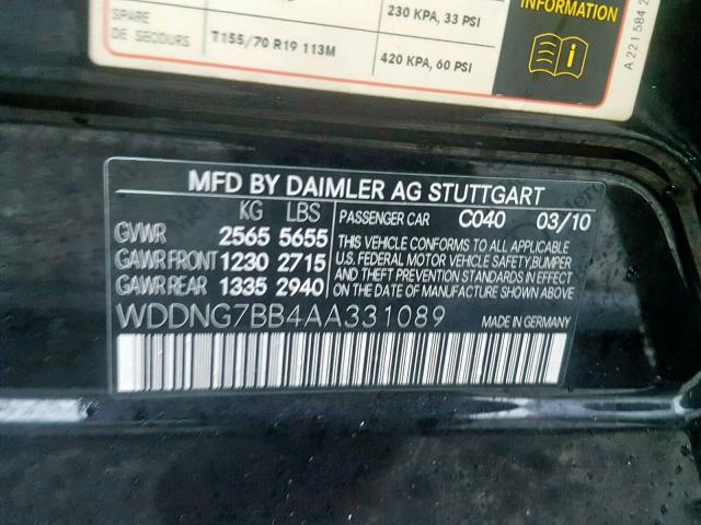 WDDNG7BB4AA331089 - 2010 MERCEDES-BENZ S 550 BLACK photo 10