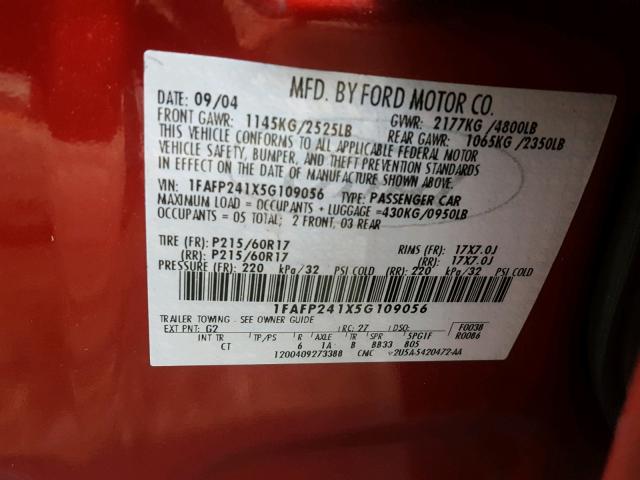 1FAFP241X5G109056 - 2005 FORD FIVE HUNDR RED photo 10