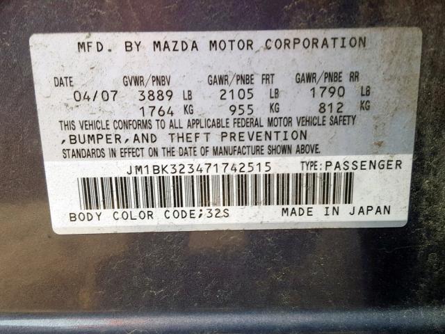 JM1BK323471742515 - 2007 MAZDA 3 S GRAY photo 10