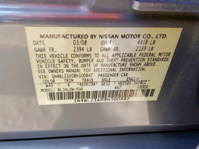 1N4BL21E08N500847 - 2008 NISSAN ALTIMA 3.5 GRAY photo 10