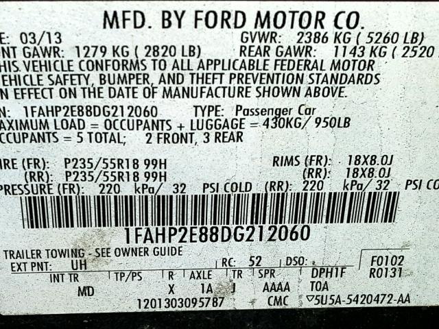 1FAHP2E88DG212060 - 2013 FORD TAURUS SEL BLACK photo 10