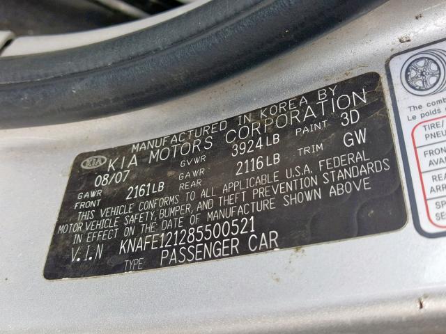 KNAFE121285500521 - 2008 KIA SPECTRA EX SILVER photo 10