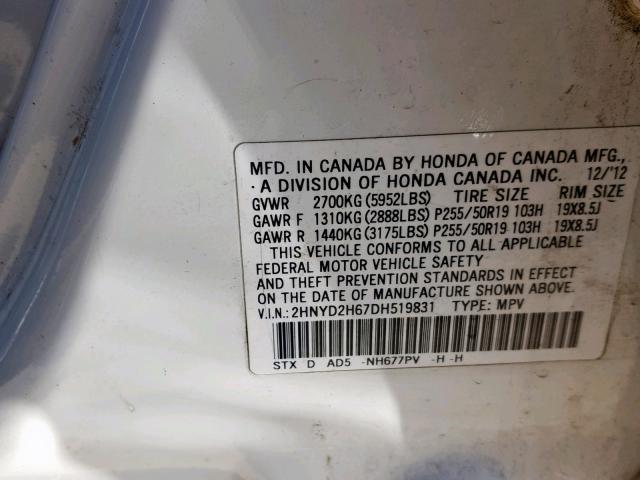 2HNYD2H67DH519831 - 2013 ACURA MDX ADVANC WHITE photo 10