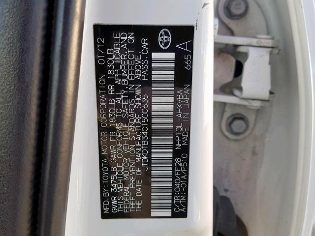 JTDKDTB34C1500635 - 2012 TOYOTA PRIUS C WHITE photo 10