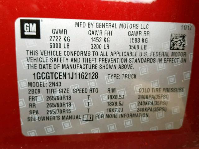 1GCGTCEN1J1162128 - 2018 CHEVROLET COLORADO L RED photo 10