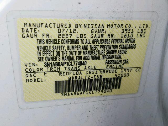 3N1AB6AP1CL774040 - 2012 NISSAN SENTRA 2.0 WHITE photo 10