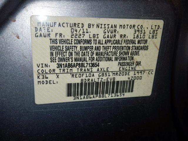 3N1AB6AP8BL713654 - 2011 NISSAN SENTRA 2.0 GRAY photo 10