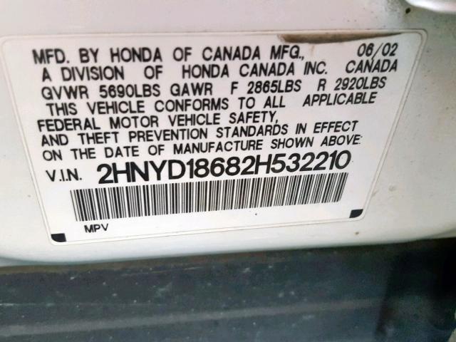 2HNYD18682H532210 - 2002 ACURA MDX TOURIN WHITE photo 10