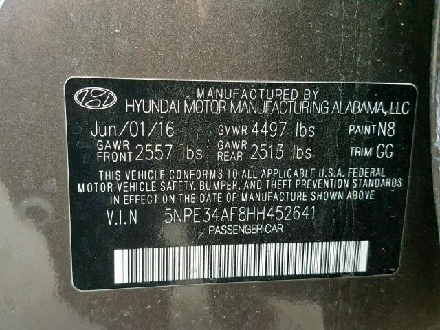 5NPE34AF8HH452641 - 2017 HYUNDAI SONATA SPO BROWN photo 10