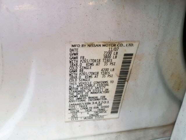 1N6AA07C68N343201 - 2008 NISSAN TITAN XE WHITE photo 10