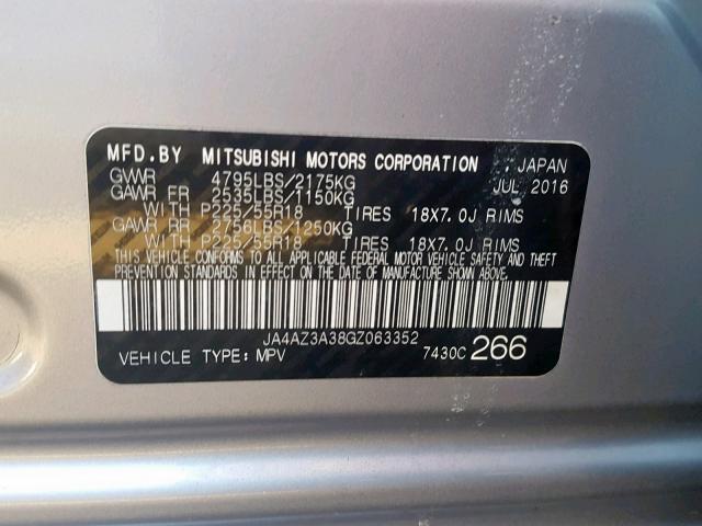 JA4AZ3A38GZ063352 - 2016 MITSUBISHI OUTLANDER SILVER photo 10