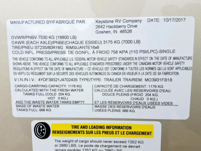 4YDF39321J4702435 - 2018 KEYSTONE MONTANA TWO TONE photo 10