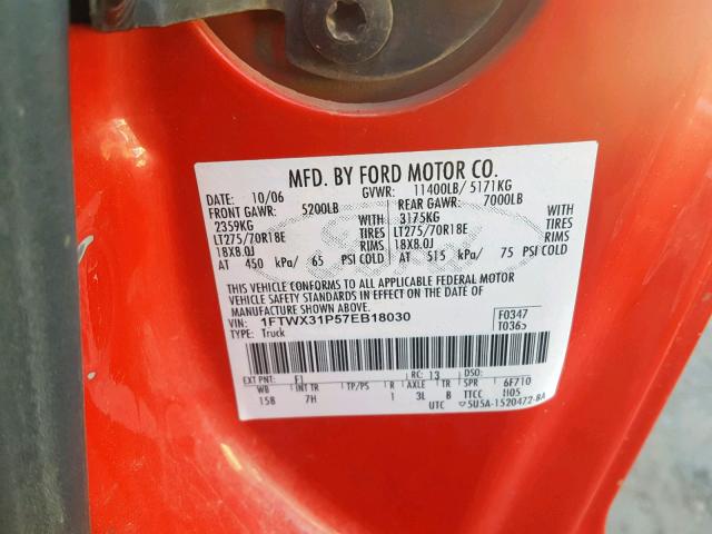 1FTWX31P57EB18030 - 2007 FORD F350 SRW S RED photo 10