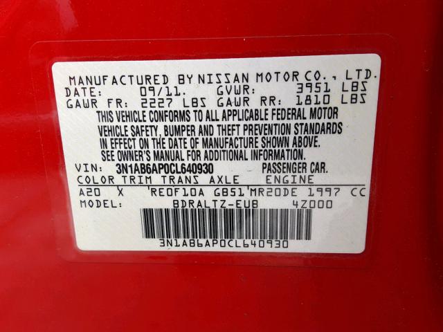 3N1AB6AP0CL640930 - 2012 NISSAN SENTRA 2.0 RED photo 10