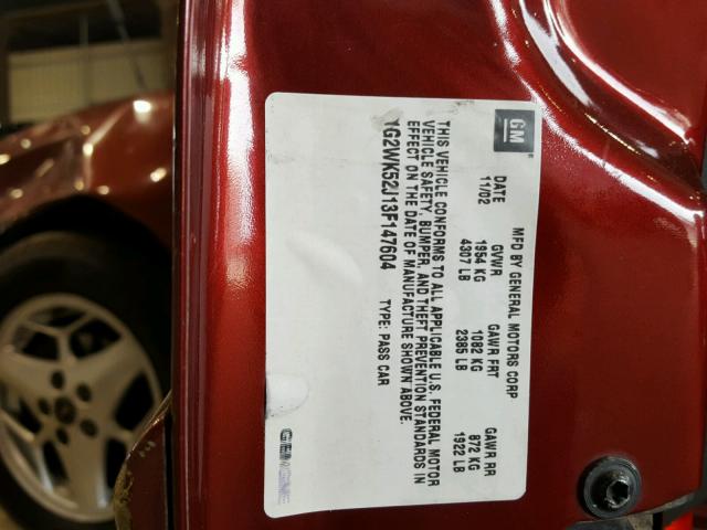 1G2WK52J13F147604 - 2003 PONTIAC GRAND PRIX RED photo 10