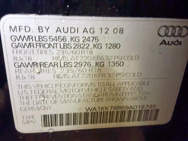 WA1KK78R69A018745 - 2009 AUDI Q5 3.2 BLUE photo 10