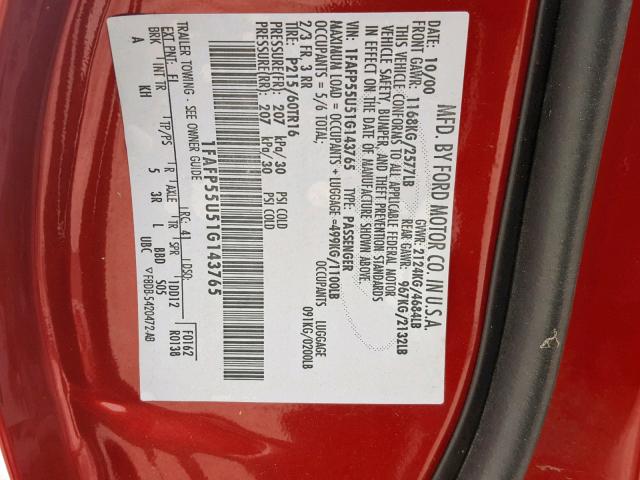 1FAFP55U51G143765 - 2001 FORD TAURUS SES RED photo 10