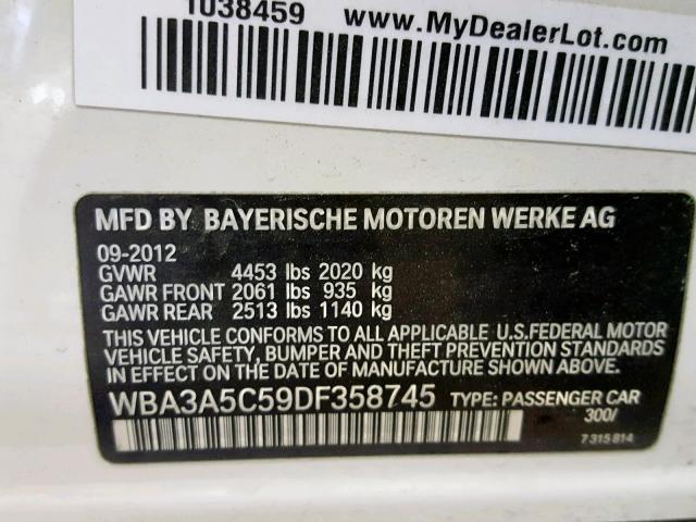 WBA3A5C59DF358745 - 2013 BMW 328 I WHITE photo 10