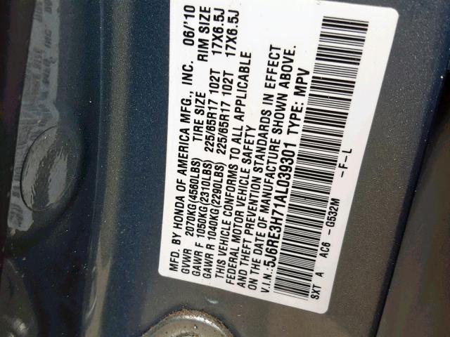 5J6RE3H71AL039301 - 2010 HONDA CR-V EXL BLUE photo 10