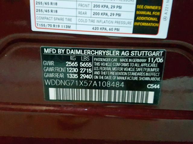 WDDNG71X57A108484 - 2007 MERCEDES-BENZ S 550 MAROON photo 10