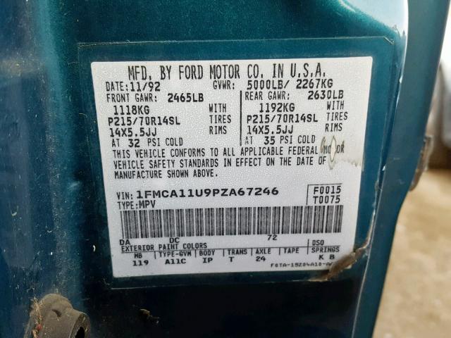 1FMCA11U9PZA67246 - 1993 FORD AEROSTAR GREEN photo 10