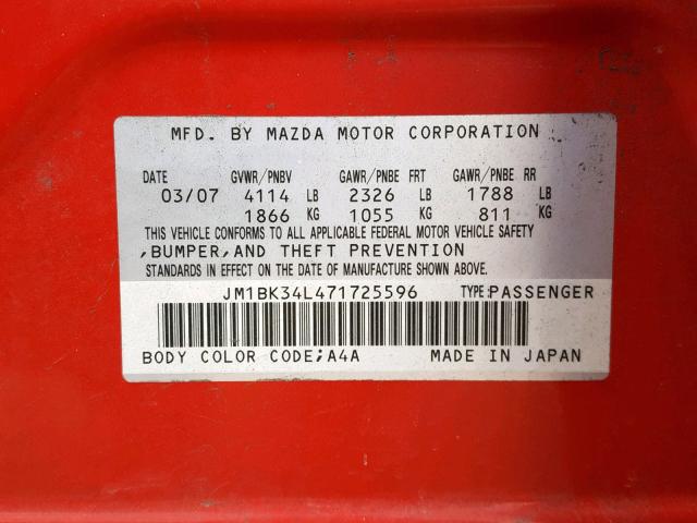 JM1BK34L471725596 - 2007 MAZDA SPEED 3 RED photo 10