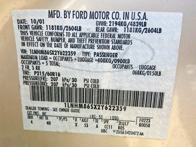 1LNHM86SX2Y622359 - 2002 LINCOLN LS 金色 照片 10