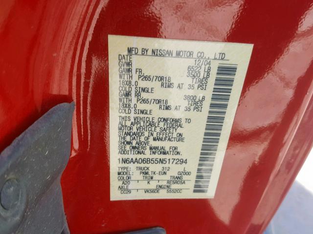 1N6AA06B55N517294 - 2005 NISSAN TITAN XE RED photo 10