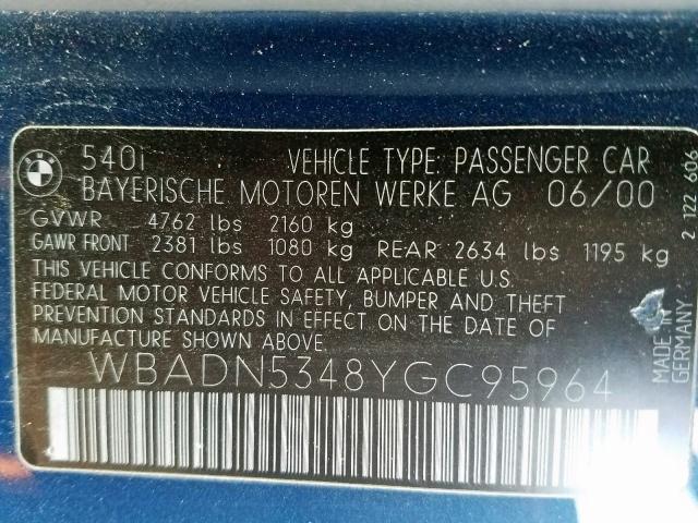 WBADN5348YGC95964 - 2000 BMW 540 I BLUE photo 10