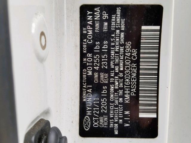 KMHHT6KD3CU074986 - 2012 HYUNDAI GENESIS CO WHITE photo 10