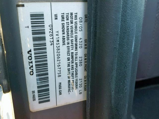 YV1MS382062167758 - 2006 VOLVO S40 2.4I SILVER photo 10