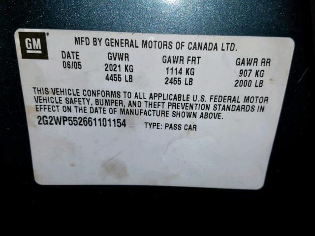 2G2WP552661101154 - 2006 PONTIAC GRAND PRIX GREEN photo 10