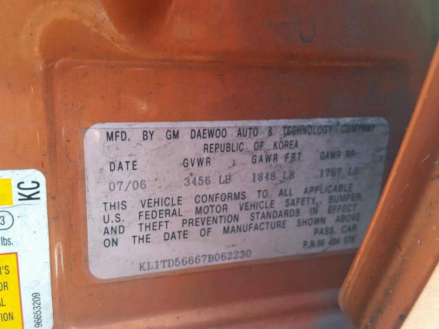KL1TD56667B062230 - 2007 CHEVROLET AVEO BASE Қызғылт сары фото 10