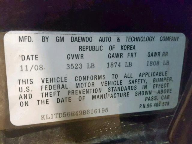 KL1TD56E49B616195 - 2009 CHEVROLET AVEO LS BLACK photo 10