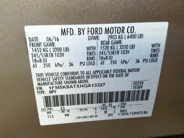 1FM5K8ATXHGA13327 - 2017 FORD EXPLORER P TAN photo 10