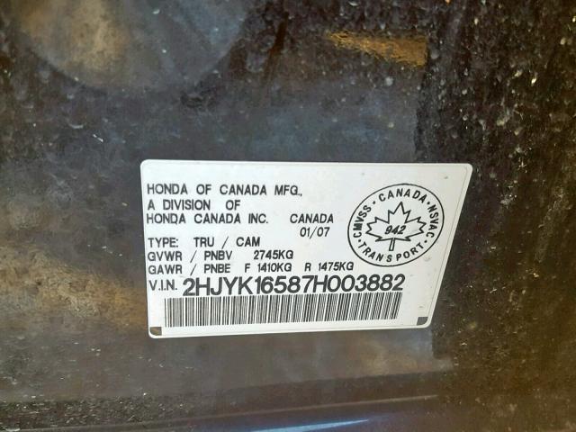 2HJYK16587H003882 - 2007 HONDA RIDGELINE BLACK photo 10