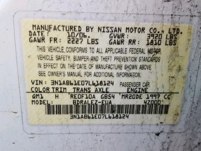 3N1AB61E07L618124 - 2007 NISSAN SENTRA 2.0 WHITE photo 10