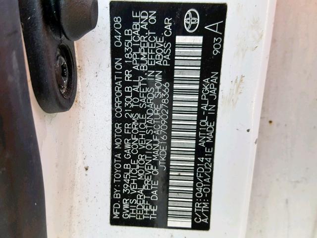 JTKDE167090278366 - 2009 TOYOTA SCION TC 白色 照片 10