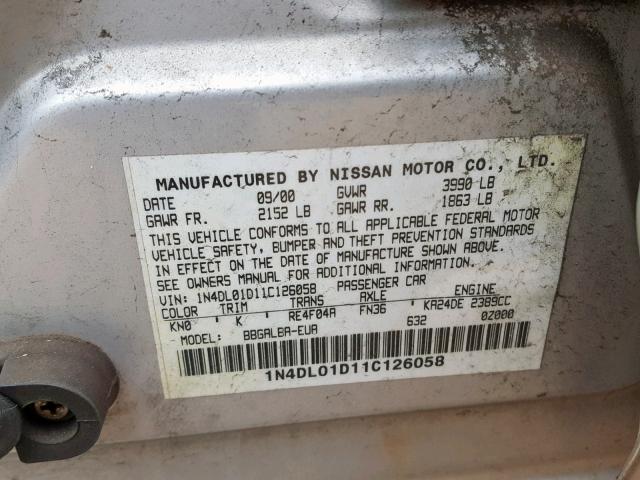 1N4DL01D11C126058 - 2001 NISSAN ALTIMA XE GRAY photo 10