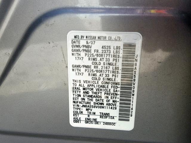 JN8AS58V08W111429 - 2008 NISSAN ROGUE S GRAY photo 10