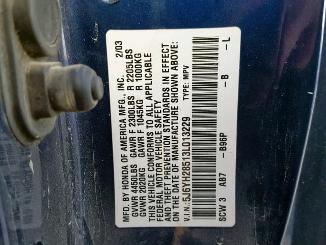 5J6YH28513L013229 - 2003 HONDA ELEMENT EX BLUE photo 10