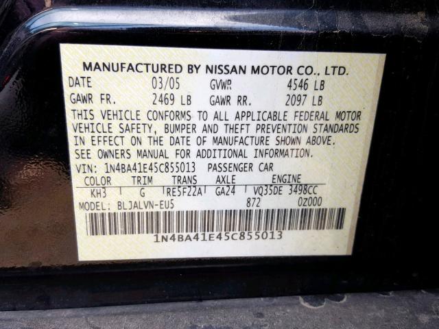 1N4BA41E45C855013 - 2005 NISSAN MAXIMA SE BLACK photo 10