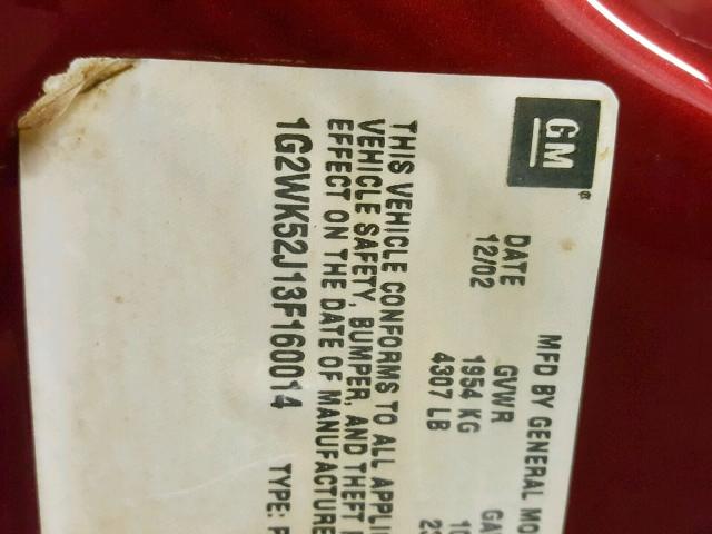 1G2WK52J13F160014 - 2003 PONTIAC GRAND PRIX RED photo 10