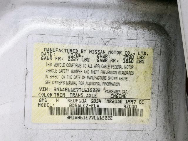 3N1AB61E77L615222 - 2007 NISSAN SENTRA 2.0 WHITE photo 10